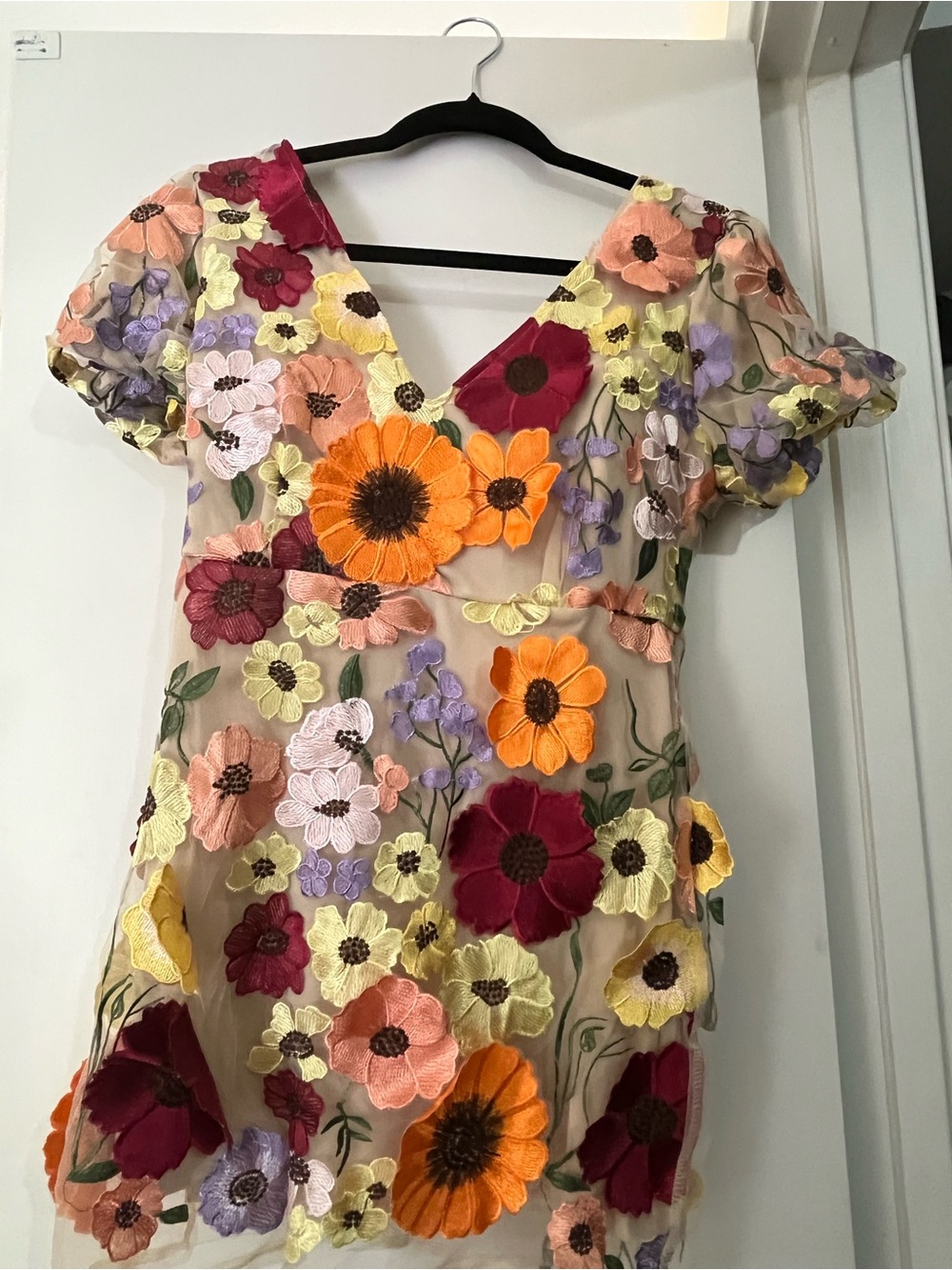 Floral Embroidered V‑Neck Mini Dress - Beige with Multi Floral Embroidery - Picture 4 of 7